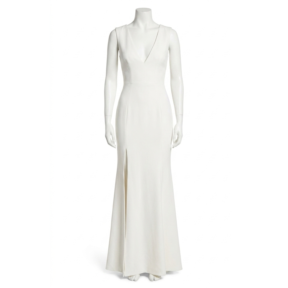 NEW DRESS THE POPULATION sandra plunge crepe trumpet gown in off white